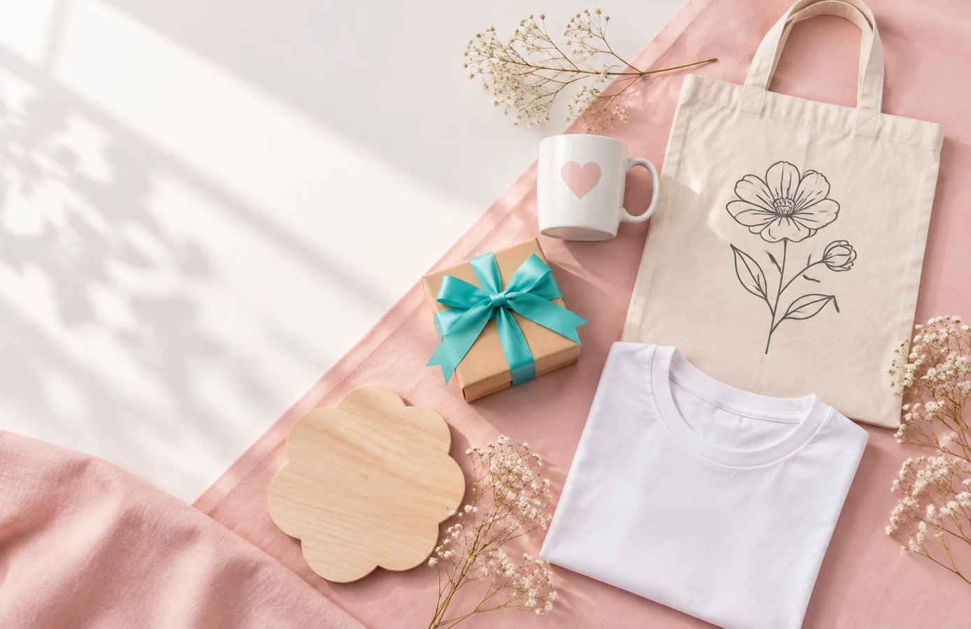 Handmade personalised gifts: a printed mug, a tote bag, a wooden plaque and a gift box tied with turquoise ribbon