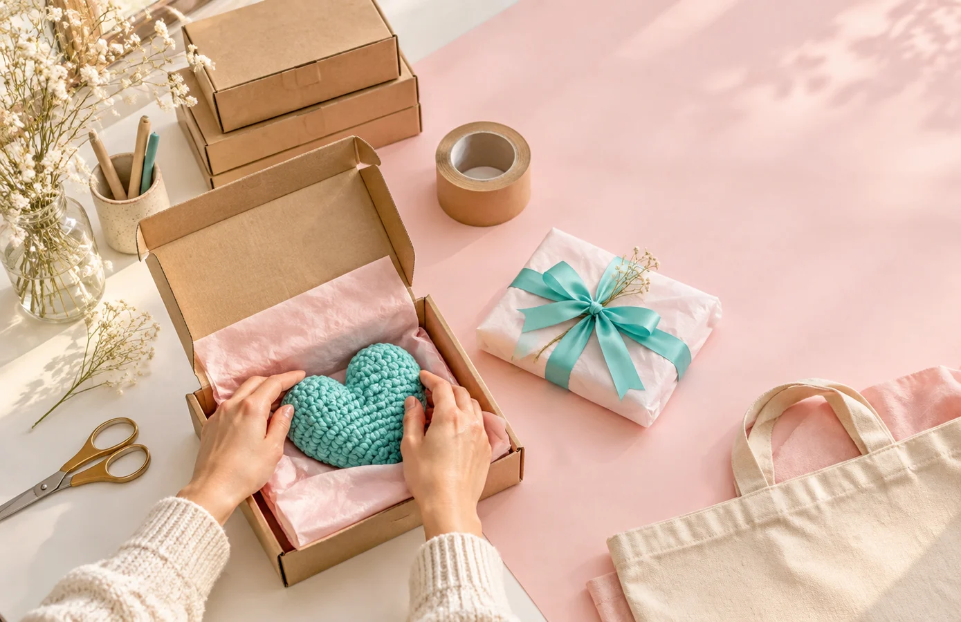 A small business owner packing a handmade gift into a kraft box with tissue paper and a turquoise ribbon